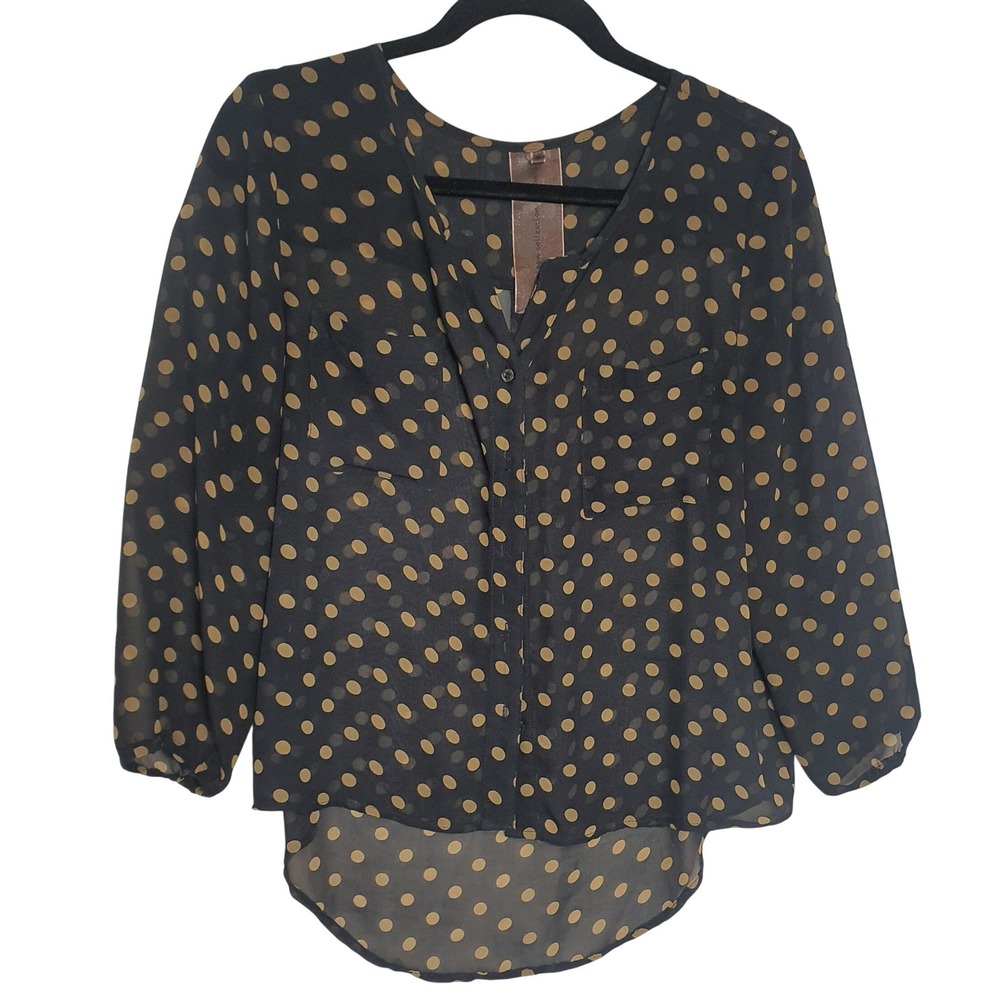 Moon Collection Polka Dot High Low‎ Blouse Black Tan Sheer Button Front Medium